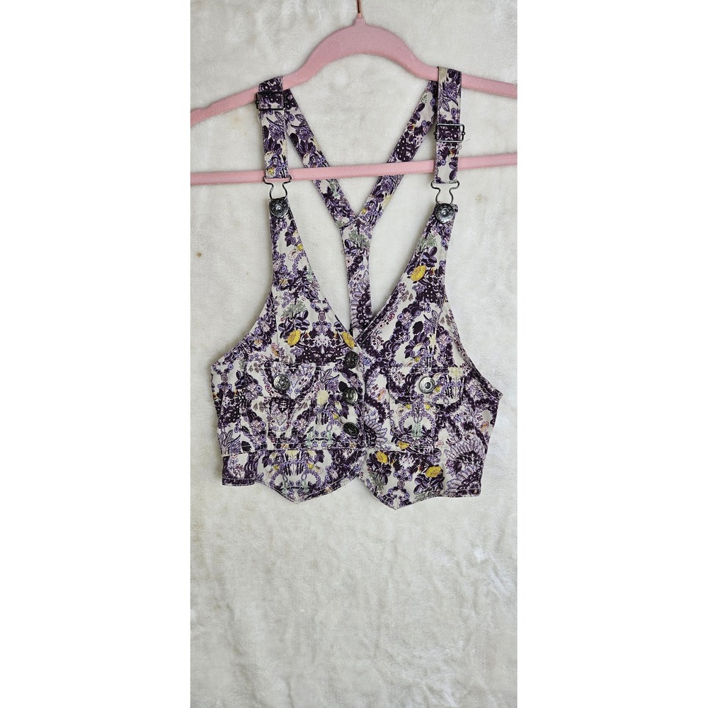 Rising Sun Floral Cropped‎ Vest Purple Yellow Boho Overall Straps Womens Small